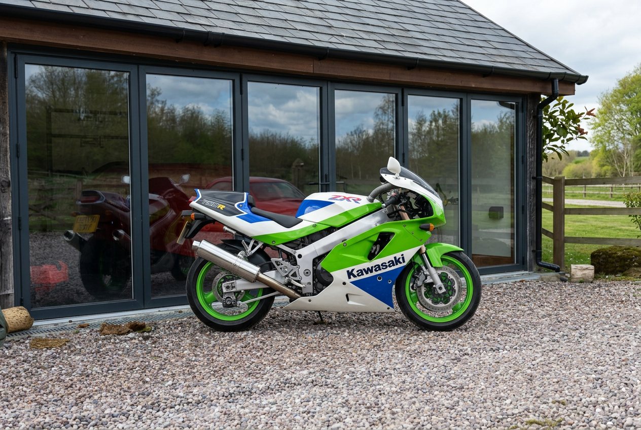 A collectible Japanese motorcycle in a barn interior