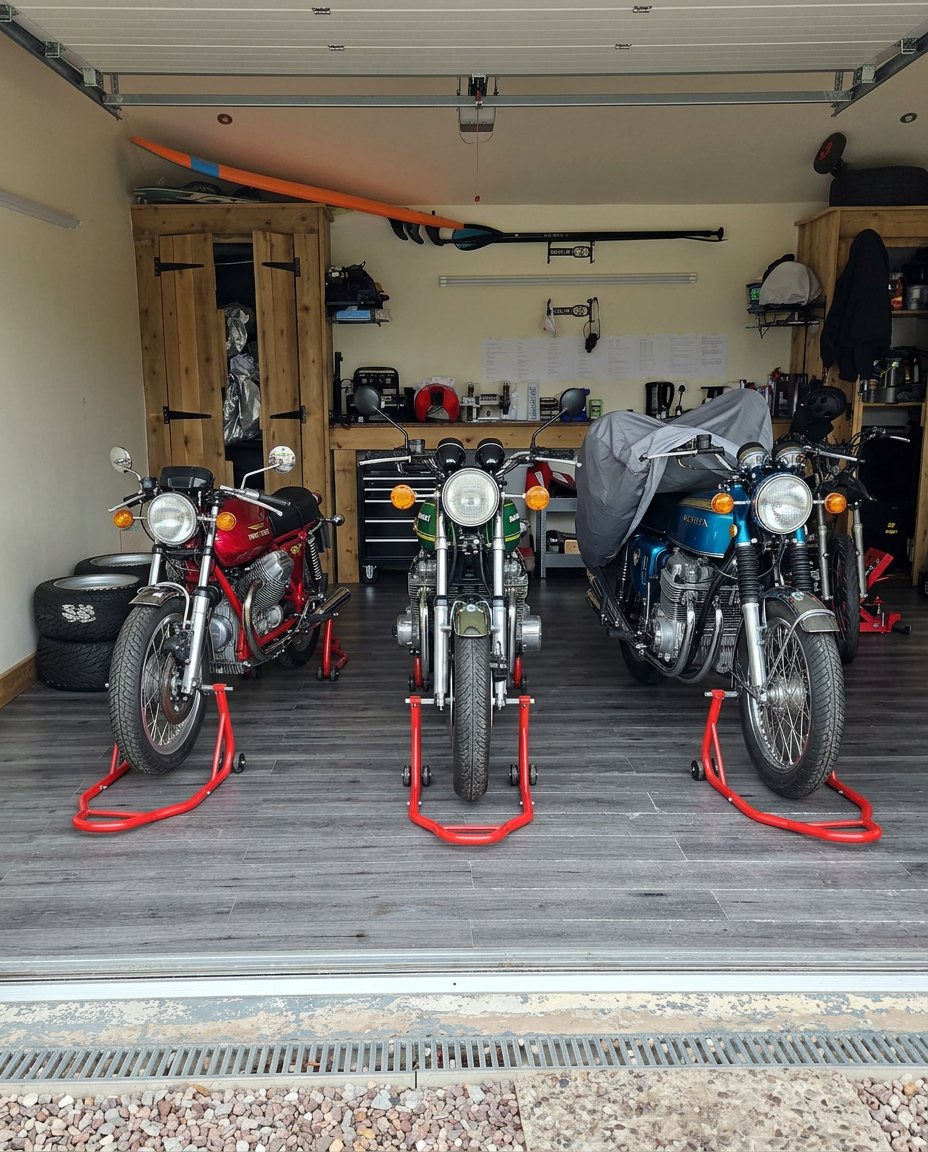 Classic motorcycles in the Oulton Moto Store workshop